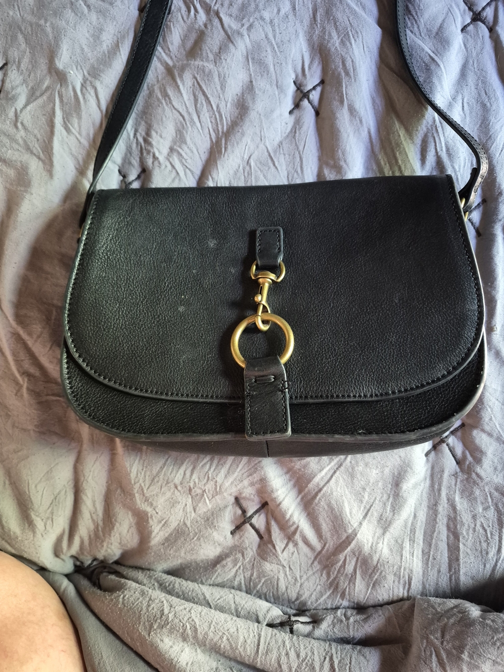 Black Leather Crossbody Bag with Gold Ring Accent